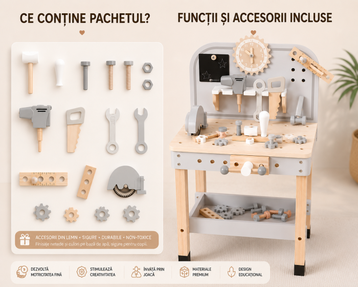 Atelier scule, jucărie din lemn 77 cm — atelier Montessori pentru copii cu accesorii, şurubelniţă, ciocan, menghina, suport scule și spațiu depozitare, dezvoltare motrică 3+ ani [8]