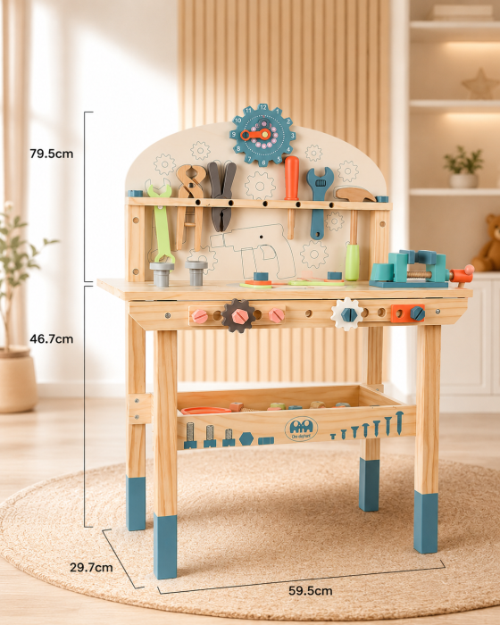 Atelier, Set de lucru din lemn cu unelte – set educativ copii, banc de lucru 59.5x29.7x79.5 cm, accesorii multiple, set unelte 79.5 cm 3+ ani [3]