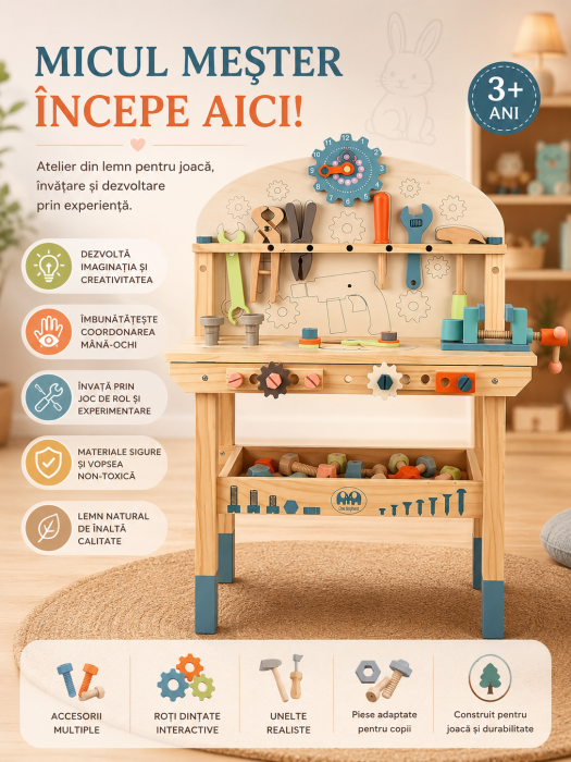 Atelier, Set de lucru din lemn cu unelte – set educativ copii, banc de lucru 59.5x29.7x79.5 cm, accesorii multiple, set unelte 79.5 cm 3+ ani [2]