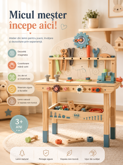 Atelier, Set de lucru din lemn cu unelte – set educativ copii, banc de lucru 59.5x29.7x79.5 cm, accesorii multiple, set unelte 79.5 cm 3+ ani [5]