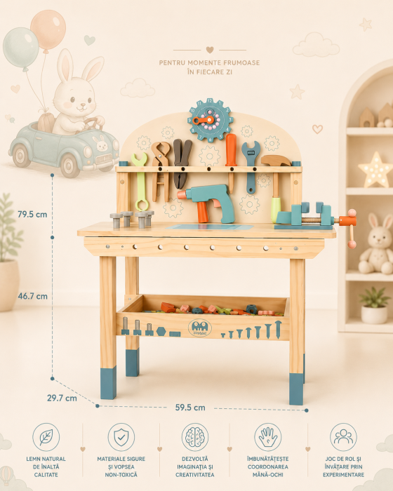 Atelier, Set de lucru din lemn cu unelte – set educativ copii, banc de lucru 59.5x29.7x79.5 cm, accesorii multiple, set unelte 79.5 cm 3+ ani [4]