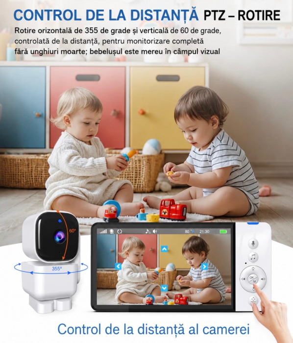 Baby Monitor, Camera de supraveghere bebelusi Denn Store WiFi/no wifi Dual View Control Night Vision, Aplicatie Telefon, 5” IPS Full HD 1080P, PTZ 355°/60°, VOX, interfon 2 căi, senzor temperatură, 50 [2]