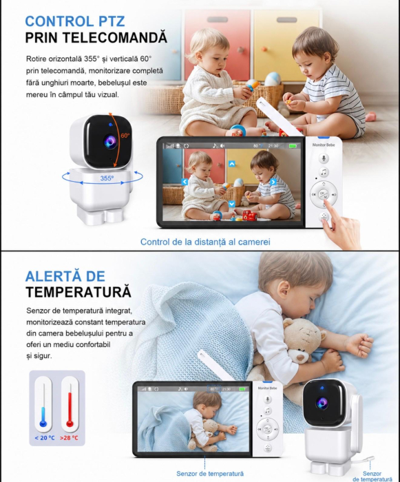 Baby Monitor, Camera de supraveghere bebelusi Denn Store WiFi/no wifi Dual View Control Night Vision, Aplicatie Telefon, 5” IPS Full HD 1080P, PTZ 355°/60°, VOX, interfon 2 căi, senzor temperatură, 50 [3]