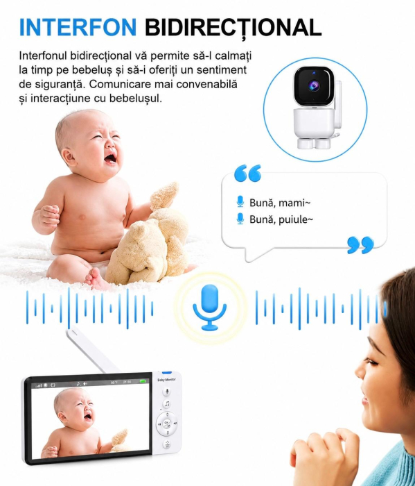 Baby Monitor, Camera de supraveghere bebelusi Denn Store WiFi/no wifi Dual View Control Night Vision, Aplicatie Telefon, 5” IPS Full HD 1080P, PTZ 355°/60°, VOX, interfon 2 căi, senzor temperatură, 50 [4]