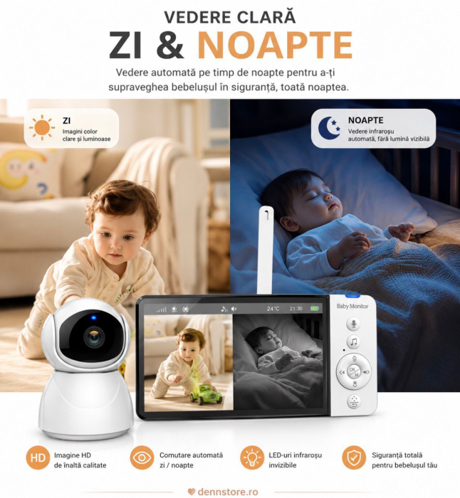 Baby Monitor Cameră de supraveghere pentru Bebeluși Denn Store, Ecran LCD 5”, 1080P, Cameră Rotativă Sus-Jos și Stânga-Dreapta cu Zoom, Baterie 5000mAh, Rază 300m, Vedere Nocturnă, Mod VOX, Monitoriza [3]