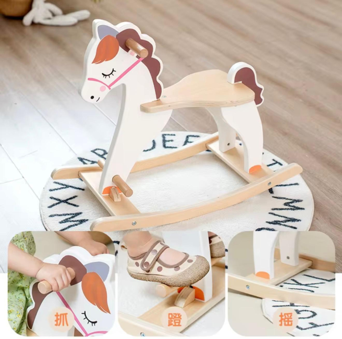 Balansoar, Calut din lemn pentru copii 1-4 ani — Jucărie de călărit, design Nordic alb-bej, scaun ergonomic, mânere și suport picioare, lemn, 68x32x57 cm — Dezvoltare echilibru și coordonare [2]