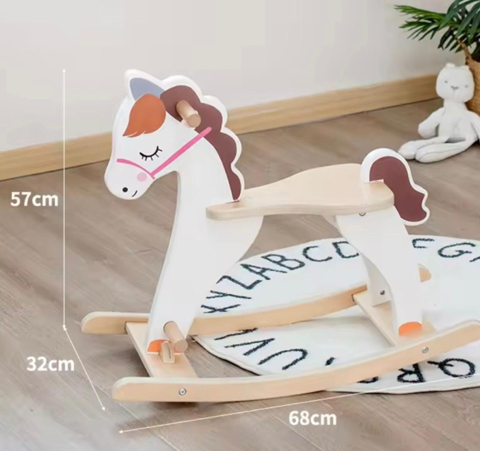 Balansoar, Calut din lemn pentru copii 1-4 ani — Jucărie de călărit, design Nordic alb-bej, scaun ergonomic, mânere și suport picioare, lemn, 68x32x57 cm — Dezvoltare echilibru și coordonare [3]