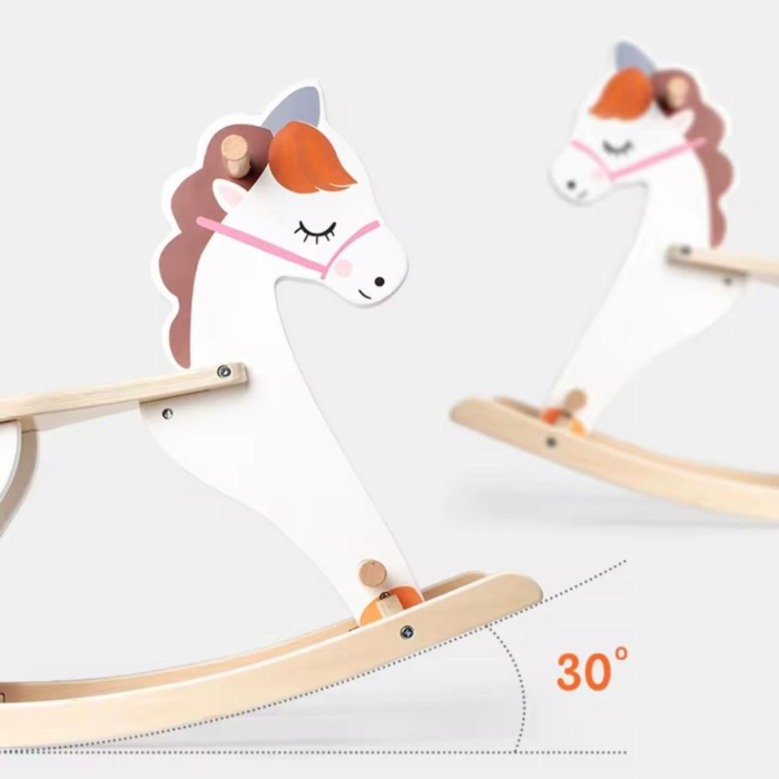 Balansoar, Calut din lemn pentru copii 1-4 ani — Jucărie de călărit, design Nordic alb-bej, scaun ergonomic, mânere și suport picioare, lemn, 68x32x57 cm — Dezvoltare echilibru și coordonare [5]