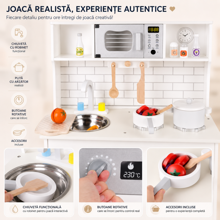 Bucătărie de jucărie din lemn pentru copii, alb 58 x 28 x 80 cm — set complet cu cuptor, plită, microunde, chiuvetă, robinet, sertare & rafturi de depozitare, accesorii (oală, tigaie, ustensile) 3+ an [5]