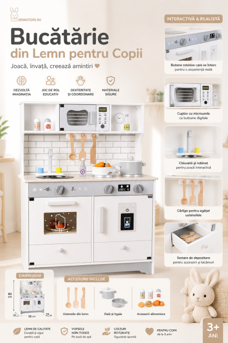 Bucătărie de jucărie din lemn pentru copii, alb 58 x 28 x 80 cm — set complet cu cuptor, plită, microunde, chiuvetă, robinet, sertare & rafturi de depozitare, accesorii (oală, tigaie, ustensile) 3+ an [2]