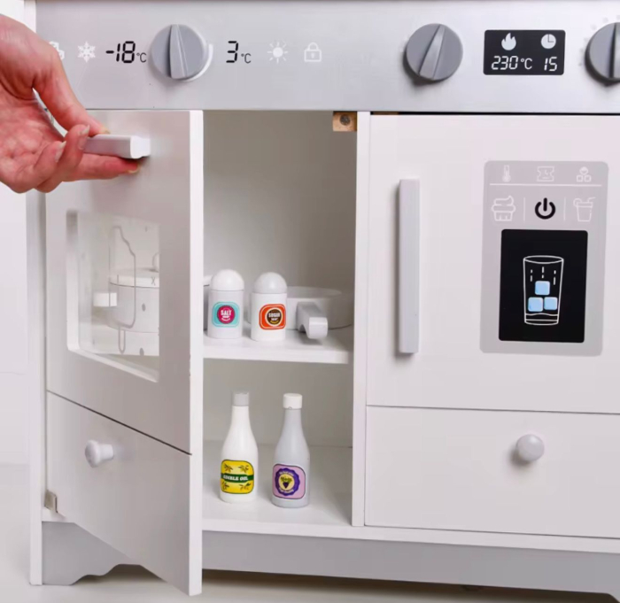 Bucătărie de jucărie din lemn pentru copii, alb 58 x 28 x 80 cm — set complet cu cuptor, plită, microunde, chiuvetă, robinet, sertare & rafturi de depozitare, accesorii (oală, tigaie, ustensile) 3+ an [3]