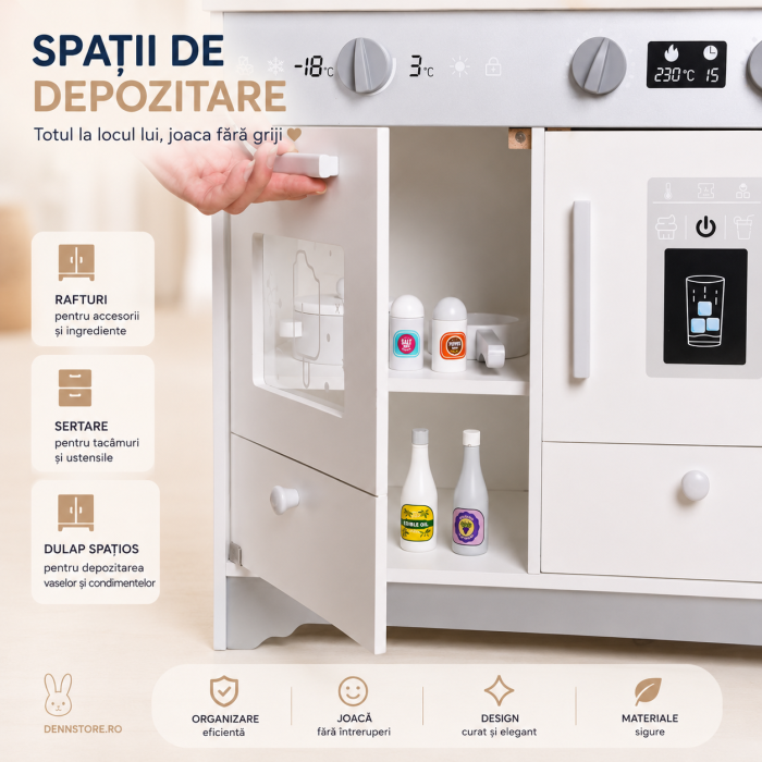 Bucătărie de jucărie din lemn pentru copii, alb 58 x 28 x 80 cm — set complet cu cuptor, plită, microunde, chiuvetă, robinet, sertare & rafturi de depozitare, accesorii (oală, tigaie, ustensile) 3+ an [4]