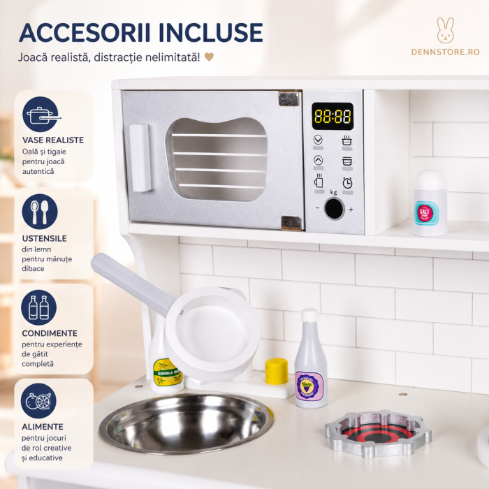 Bucătărie de jucărie din lemn pentru copii, alb 58 x 28 x 80 cm — set complet cu cuptor, plită, microunde, chiuvetă, robinet, sertare & rafturi de depozitare, accesorii (oală, tigaie, ustensile) 3+ an [3]