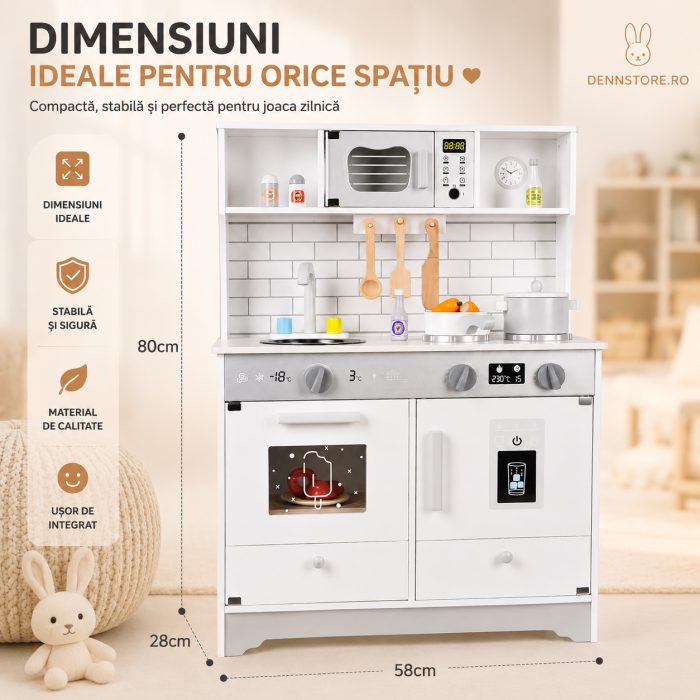 Bucătărie de jucărie din lemn pentru copii, alb 58 x 28 x 80 cm — set complet cu cuptor, plită, microunde, chiuvetă, robinet, sertare & rafturi de depozitare, accesorii (oală, tigaie, ustensile) 3+ an [6]