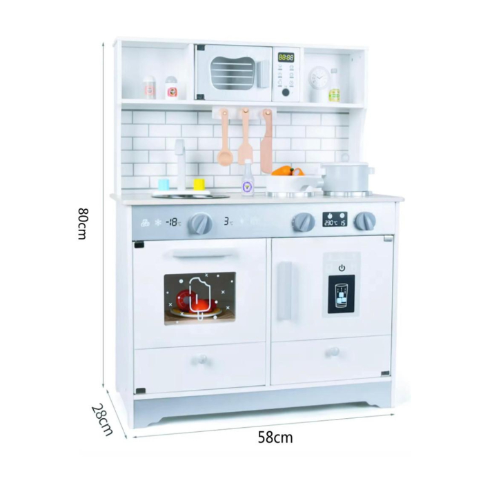 Bucătărie de jucărie din lemn pentru copii, alb 58 x 28 x 80 cm — set complet cu cuptor, plită, microunde, chiuvetă, robinet, sertare & rafturi de depozitare, accesorii (oală, tigaie, ustensile) 3+ an [5]