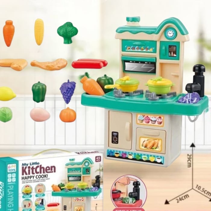 Bucătărie de Jucărie „My Little Kitchen – Happy Cook!” | Set Complet 45 Piese | Apă Circulantă, Plită, Cuptor, Legume & Accesorii | 3+ ani Minibucatarie copii [4]