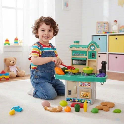 Bucătărie de Jucărie „My Little Kitchen – Happy Cook!” | Set Complet 45 Piese | Apă Circulantă, Plită, Cuptor, Legume & Accesorii | 3+ ani Minibucatarie copii [2]