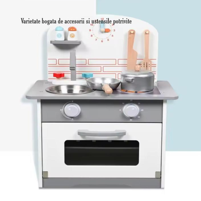 Bucătărie din lemn pentru copii completa– cu accesorii incluse | Joc de rol educativ Set Ustensile, Cuptor cu Butoane, Plita, Chiuveta, [4]