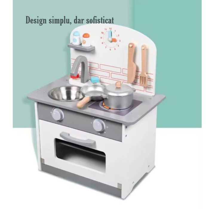 Bucătărie din lemn pentru copii completa– cu accesorii incluse | Joc de rol educativ Set Ustensile, Cuptor cu Butoane, Plita, Chiuveta, [5]