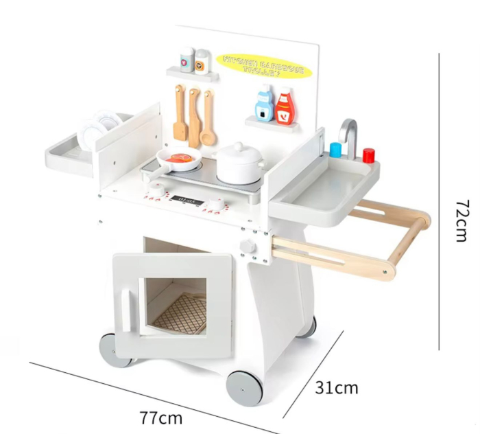 Bucătărie din lemn pentru copii cu roți – Cărucior BBQ și Chiuvetă, Accesorii incluse, 77 x 31 x 72 cm [4]