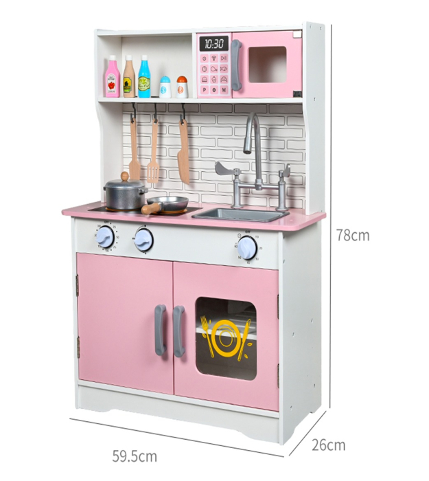 Bucătărie jucărie din lemn pentru copii 78 cm – Set de joacă roz cu chiuvetă, plită, cuptor şi accesorii, accesorii din lemn, ideal 3+ ani [3]
