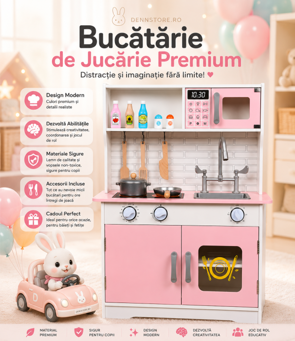Bucatarie de lemn DennStore, set joaca roz, chiuveta, plita, cuptor 78cmx59,5cmx26cm, 3+ ani [5]