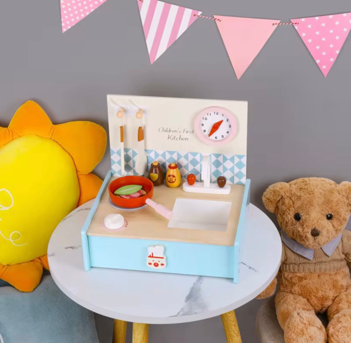 Bucatarie, minibucatarie, chiuvetă de jucărie din lemn cu accesorii incluse— set de joacă Montessori, blat și ustensile 3+ ani [2]