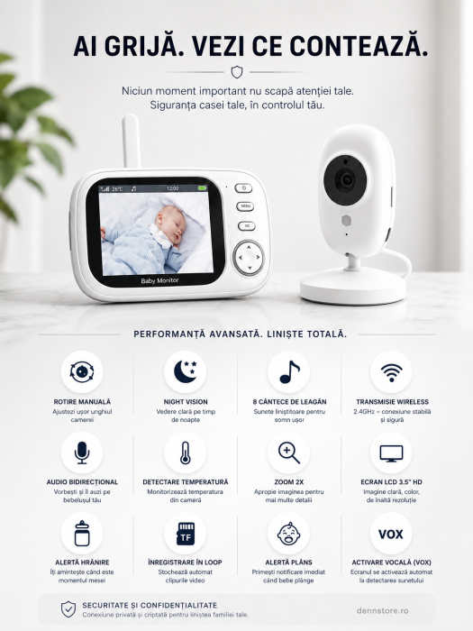 Camera de supraveghere Baby Monitor LCD 3.5 inch cu Night Vision & Funcții Multiple Denn Store [2]