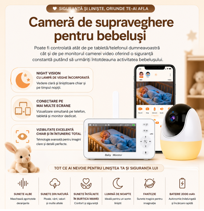 Camera de supraveghere bebelusi 2 in 1 Baby Monitor 2in1 Wifi 4,3 inch Night Vision cu lampa de veghe incorporata [2]