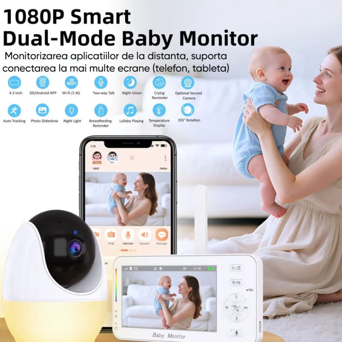 Camera de supraveghere bebelusi 2 in 1 Baby Monitor 2in1 Wifi 4,3 inch Night Vision cu lampa de veghe incorporata [2]