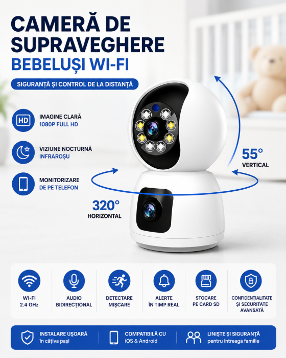 Cameră de Supraveghere WiFi Dual Lens – Siguranță și Control de la Distanță [3]