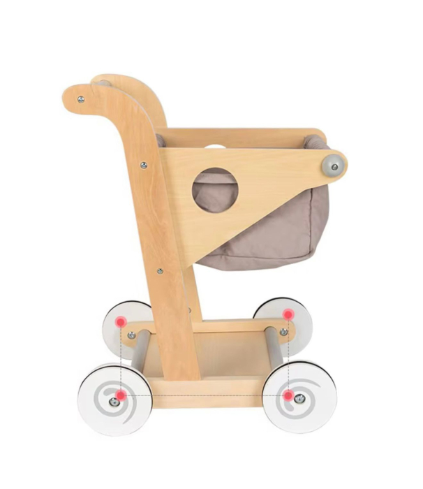 Cărucior, Push walker din lemn, Carut supermarket pentru copii 45 cm — jucărie montessori multifunctională cu coș textil detașabil, roți anti alunecare, stabilizator educativ pentru dezvoltarea mersul [2]