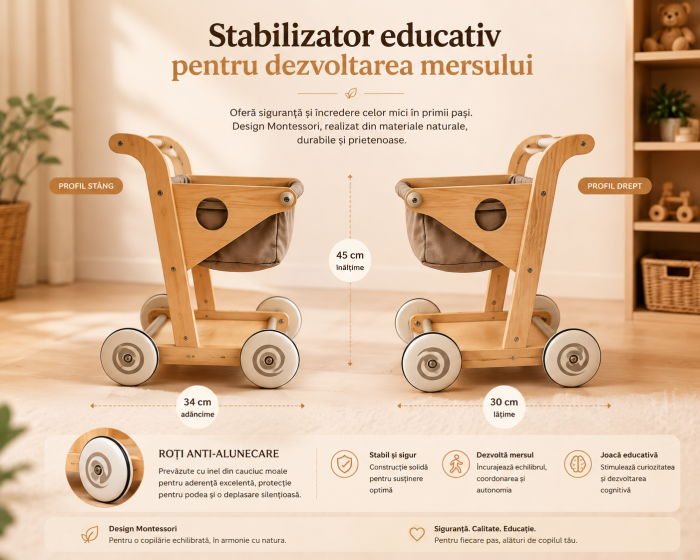 Cărucior, Push walker din lemn, Carut supermarket pentru copii 45 cm — jucărie montessori multifunctională cu coș textil detașabil, roți anti alunecare, stabilizator educativ pt dezvoltarea mersului [2]