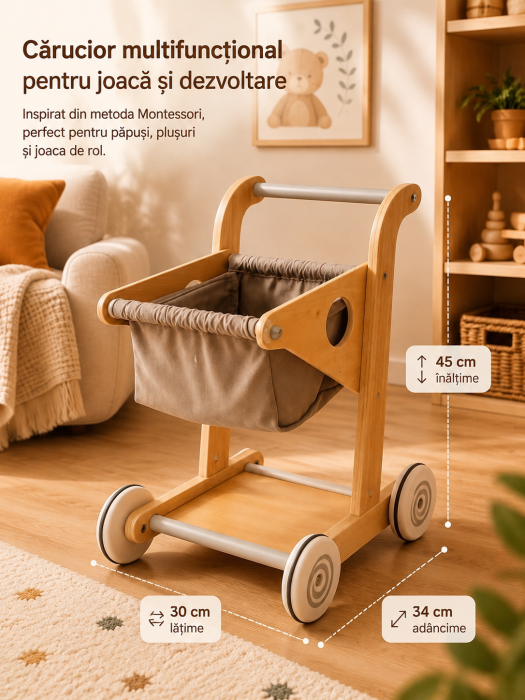 Cărucior, Push walker din lemn, Carut supermarket pentru copii 45 cm — jucărie montessori multifunctională cu coș textil detașabil, roți anti alunecare, stabilizator educativ pt dezvoltarea mersului [3]