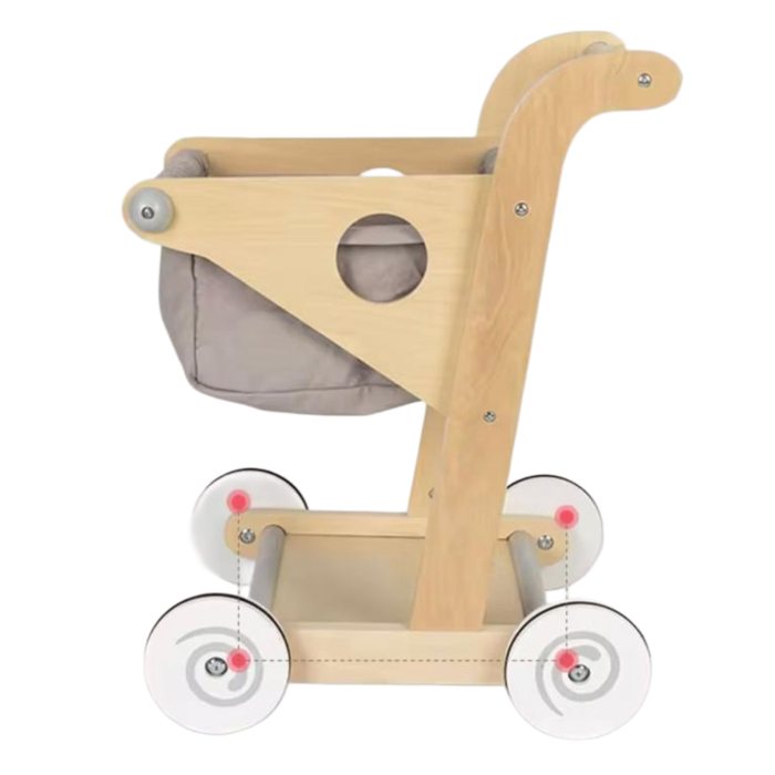 Cărucior, Push walker din lemn, Carut supermarket pentru copii 45 cm — jucărie montessori multifunctională cu coș textil detașabil, roți anti alunecare, stabilizator educativ pentru dezvoltarea mersul [5]
