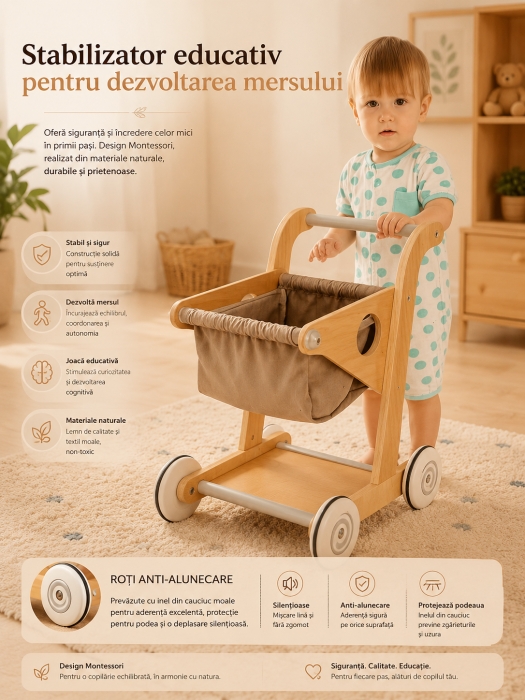Cărucior, Push walker din lemn, Carut supermarket pentru copii 45 cm — jucărie montessori multifunctională cu coș textil detașabil, roți anti alunecare, stabilizator educativ pt dezvoltarea mersului [4]