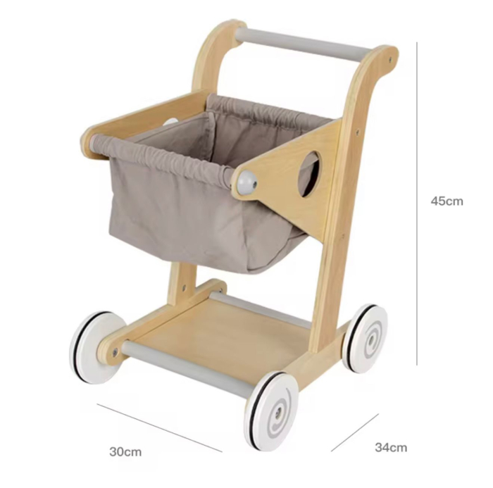 Cărucior, Push walker din lemn, Carut supermarket pentru copii 45 cm — jucărie montessori multifunctională cu coș textil detașabil, roți anti alunecare, stabilizator educativ pentru dezvoltarea mersul [3]