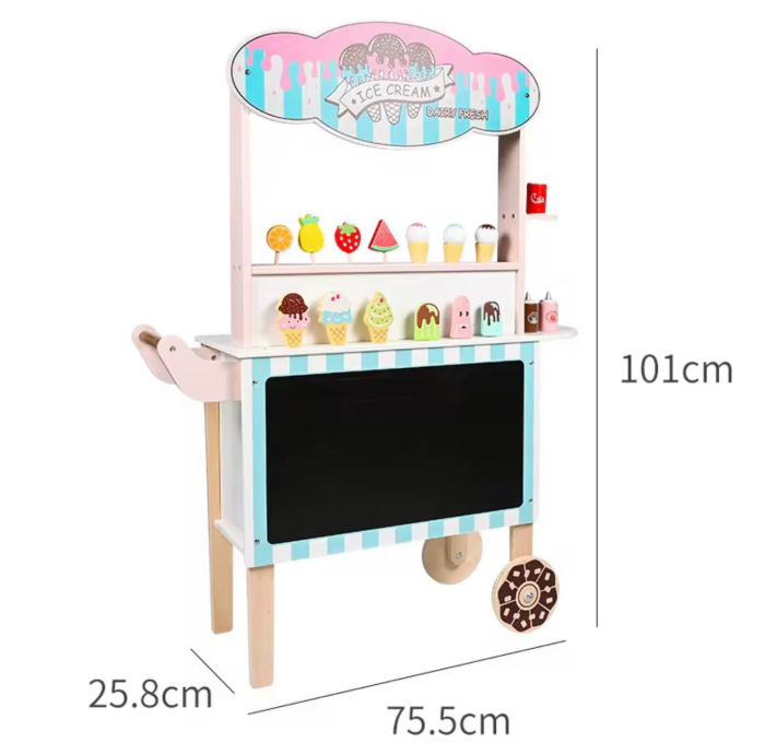 Căruț, tonetă de înghețată din lemn 2 în 1 cu tabla de scris si accesorii - centru de joacă, vânzare, roti de impins 75.5x25.8x101 cm 3+ ani [2]