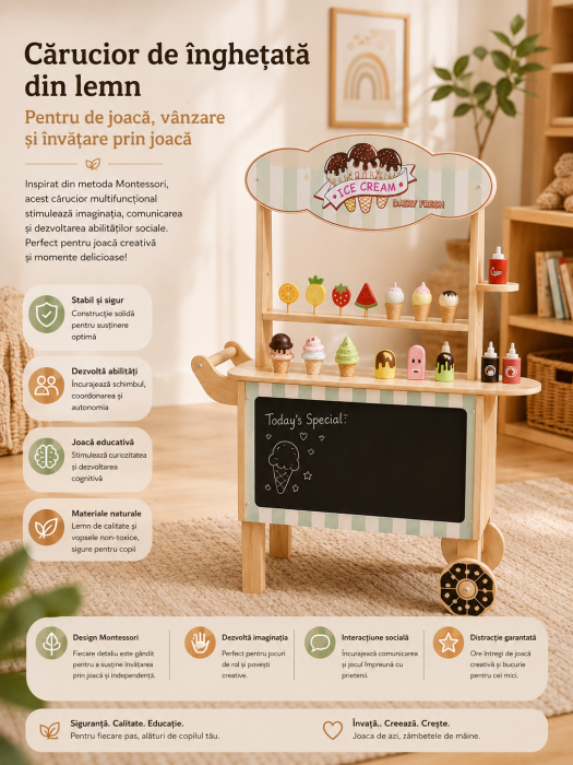 Căruț, tonetă de înghețată din lemn 2 în 1 cu tabla de scris si accesorii - centru de joacă, vânzare, roti de impins 75.5x25.8x101 cm 3+ ani [2]