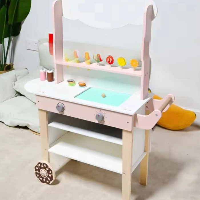 Căruț, tonetă de înghețată din lemn 2 în 1 cu tabla de scris si accesorii - centru de joacă, vânzare, roti de impins 75.5x25.8x101 cm 3+ ani [3]