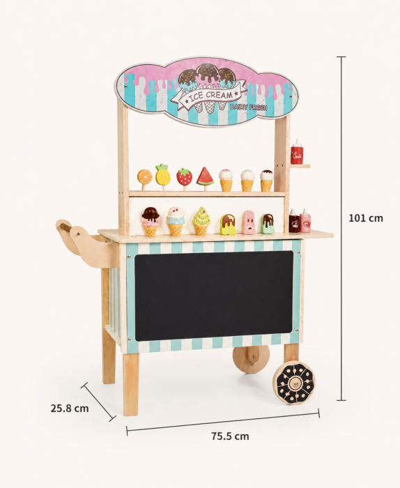 Căruț, tonetă de înghețată din lemn 2 în 1 cu tabla de scris si accesorii - centru de joacă, vânzare, roti de impins 75.5x25.8x101 cm 3+ ani [3]