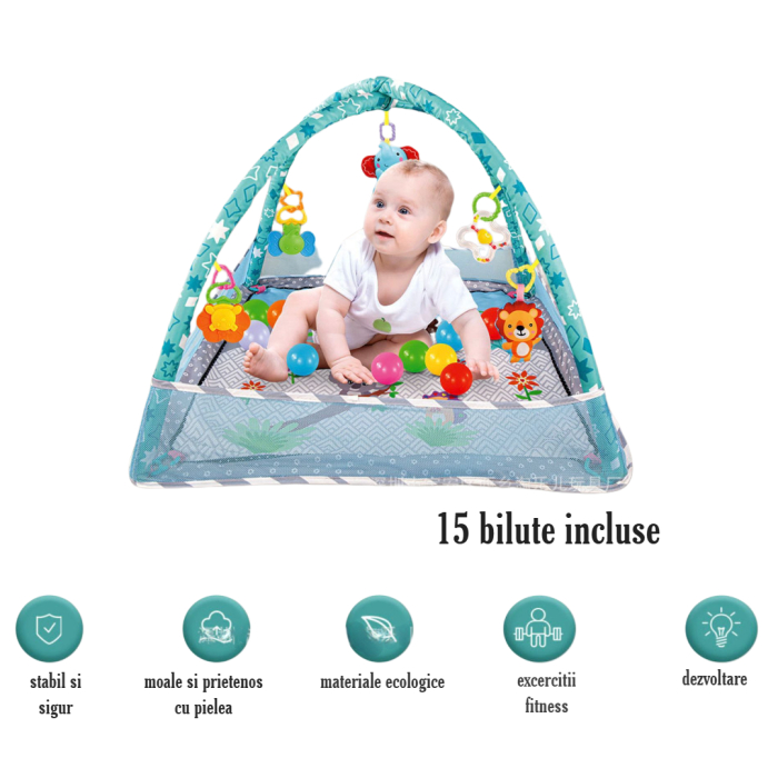 Centru de joacă pentru bebeluși cu 15 bile colorate și 5 jucării suspendate, salteluta si tarc de joaca multicolor pentru bebelusi 0+ luni [4]