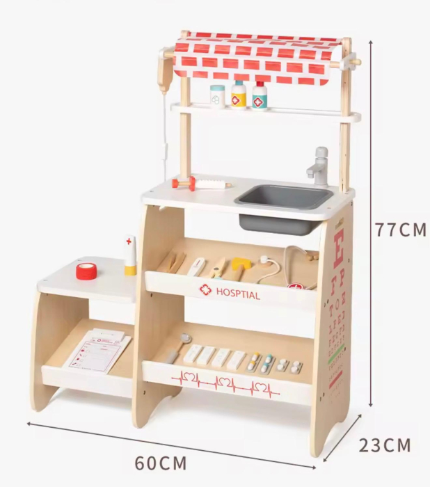 Clinică medicala, set doctor pentru copii—60x23x77 cm, accesorii doctor (stetoscop, seringi, medicamente jucărie), vopsea non-toxic, rafturi depozitare și chiuvetă detașabilă — Joc de rol educativ, de [2]