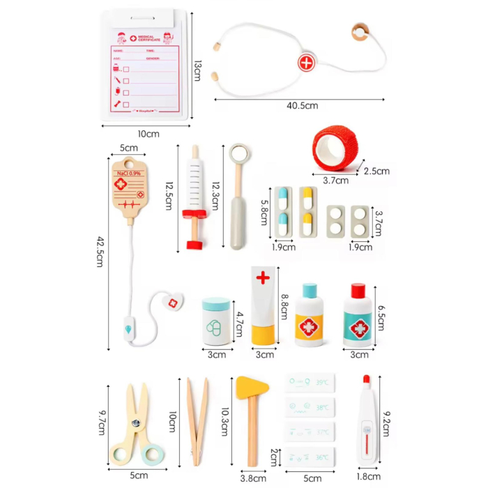 Clinică medicala, set doctor pentru copii—60x23x77 cm, accesorii doctor (stetoscop, seringi, medicamente jucărie), vopsea non-toxic, rafturi depozitare și chiuvetă detașabilă — Joc de rol educativ, de [6]