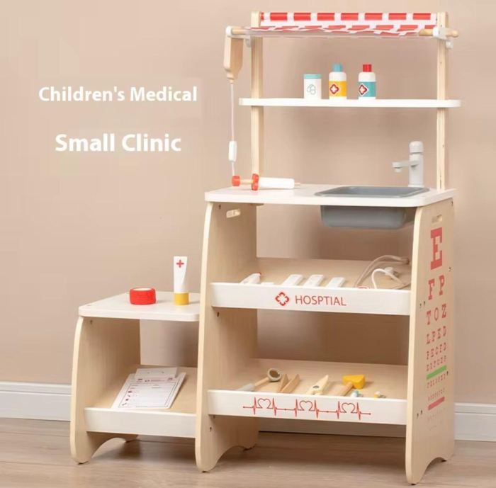Clinică medicala, set doctor pentru copii—60x23x77 cm, accesorii doctor (stetoscop, seringi, medicamente jucărie), vopsea non-toxic, rafturi depozitare și chiuvetă detașabilă — Joc de rol educativ, de [5]