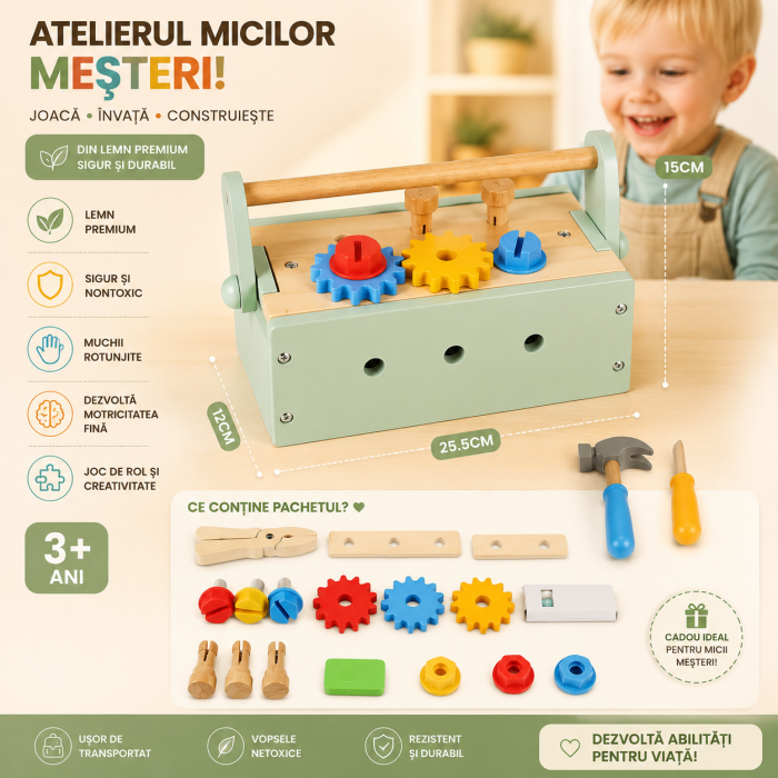 Cutie de scule multifunctională portabila din lemn pentru copii cu ciocan, șurubelniță, șuruburi, piulițe, roți dințate, clește, Montessori, 3+ ani [2]