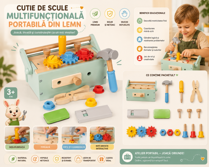Cutie de scule multifunctională portabila din lemn pentru copii cu ciocan, șurubelniță, șuruburi, piulițe, roți dințate, clește, Montessori, 3+ ani [3]