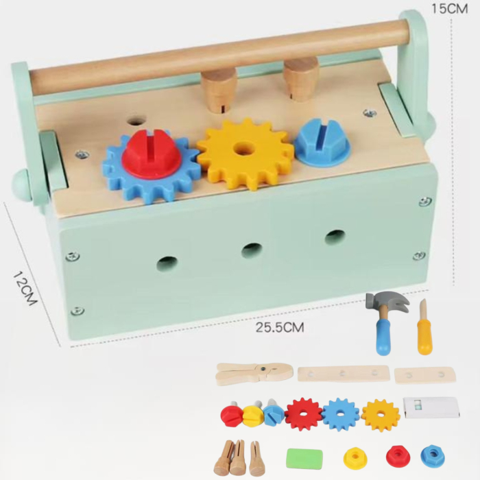 Cutie de scule multifunctională portabila din lemn pentru copii cu ciocan, șurubelniță, șuruburi, piulițe, roți dințate, clește, Montessori, 3+ ani [4]