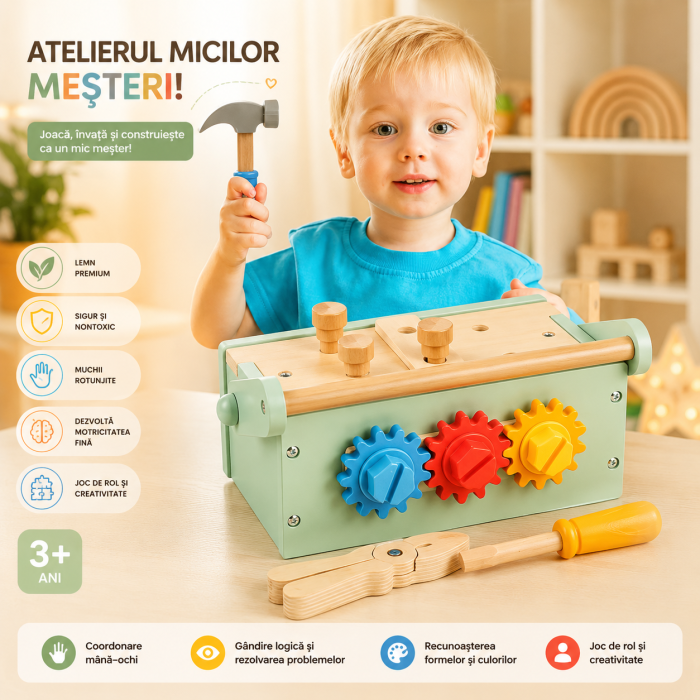 Cutie de scule multifunctională portabila din lemn pentru copii cu ciocan, șurubelniță, șuruburi, piulițe, roți dințate, clește, Montessori, 3+ ani [5]
