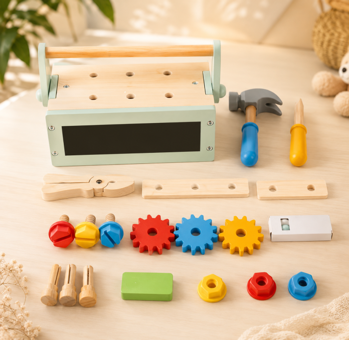 Cutie de scule multifunctională portabila din lemn pentru copii cu ciocan, șurubelniță, șuruburi, piulițe, roți dințate, clește, Montessori, 3+ ani [4]